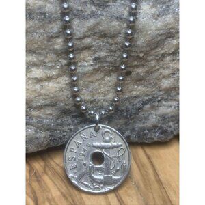 1949 Spain 50 Centimos Coin Pendant 22" Necklace Anchor, Helm. A1